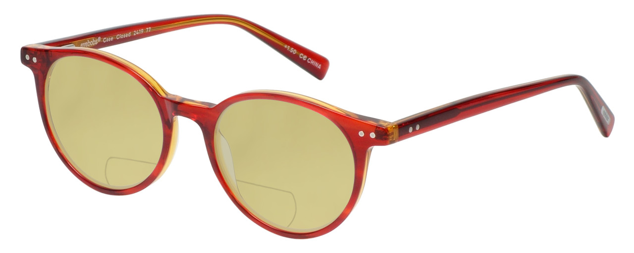 Profile View of Eyebobs Case Closed Designer Polarized Reading Sunglasses with Custom Cut Powered Sun Flower Yellow Lenses in Red Layer Orange Crystal Ladies Round Full Rim Acetate 47 mm