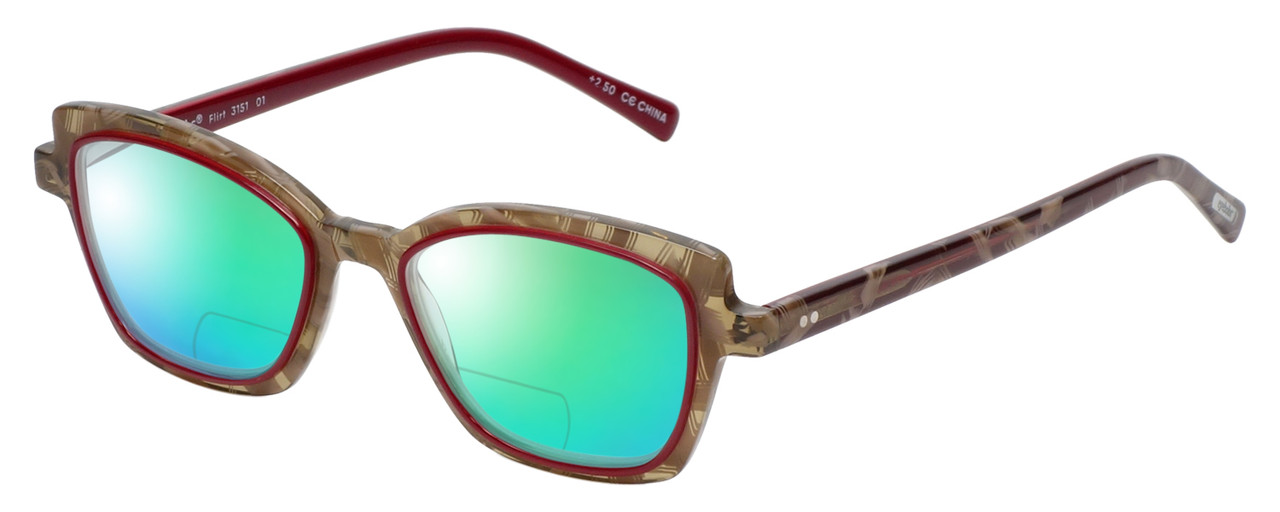 Profile View of Eyebobs Flirt Designer Polarized Reading Sunglasses with Custom Cut Powered Green Mirror Lenses in Red Crystal Brown Horn Marble Ladies Cateye Full Rim Acetate 48 mm