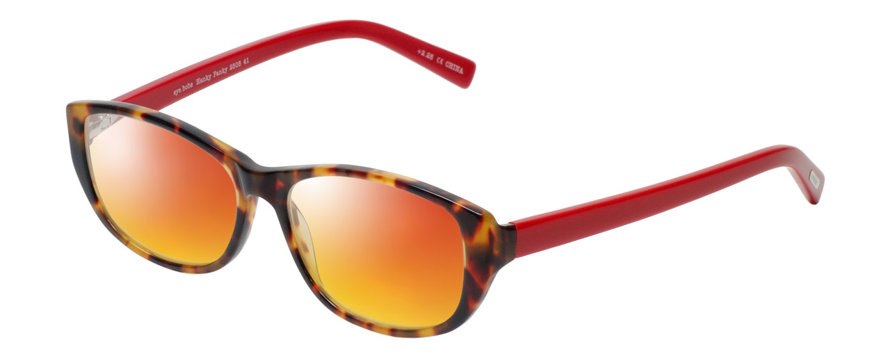 Profile View of Eyebobs Hanky Panky Designer Polarized Sunglasses with Custom Cut Red Mirror Lenses in Tortoise Brown Gold Crystal Red Ladies Cateye Full Rim Acetate 52 mm