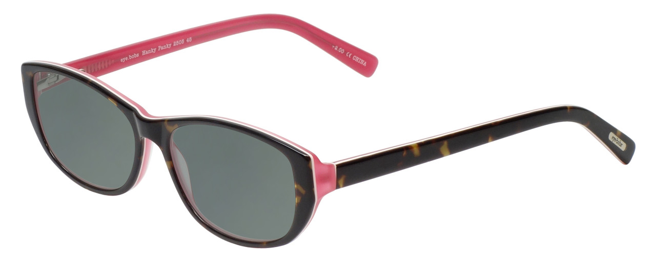 Profile View of Eyebobs Hanky Panky Designer Polarized Sunglasses with Custom Cut Smoke Grey Lenses in Dark Tortoise Brown Gold Crystal Pink Ladies Cateye Full Rim Acetate 52 mm