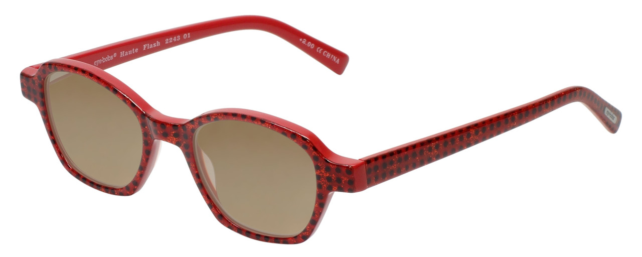 Profile View of Eyebobs Haute Flash Designer Polarized Sunglasses with Custom Cut Amber Brown Lenses in Red Glitter Black Polka Dot Ladies Square Full Rim Acetate 46 mm