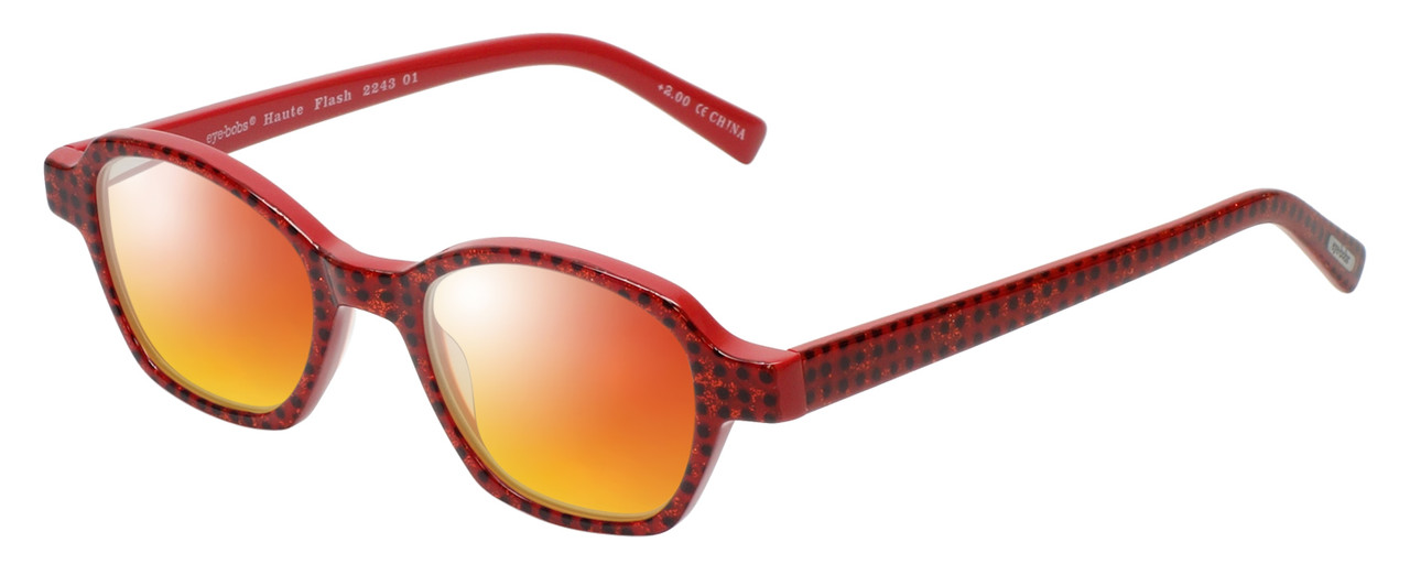 Profile View of Eyebobs Haute Flash Designer Polarized Sunglasses with Custom Cut Red Mirror Lenses in Red Glitter Black Polka Dot Ladies Square Full Rim Acetate 46 mm