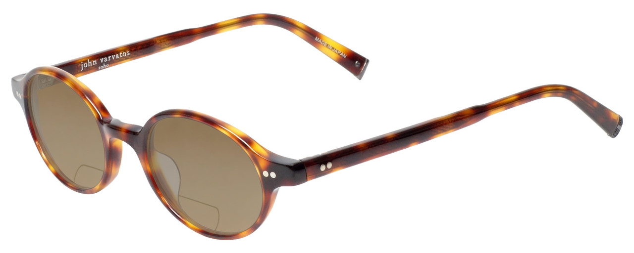 Profile View of John Varvatos Soho V206-HAV Designer Polarized Reading Sunglasses with Custom Cut Powered Amber Brown Lenses in Tortoise Havana Brown Gold Unisex Round Full Rim Acetate 46 mm