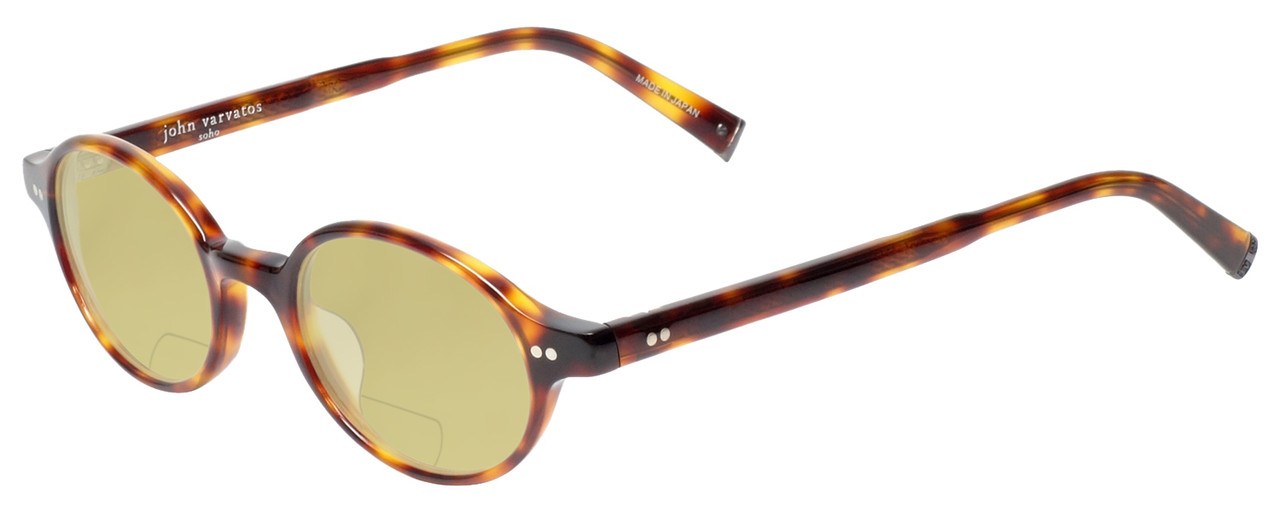 Profile View of John Varvatos Soho V206-HAV Designer Polarized Reading Sunglasses with Custom Cut Powered Sun Flower Yellow Lenses in Tortoise Havana Brown Gold Unisex Round Full Rim Acetate 46 mm