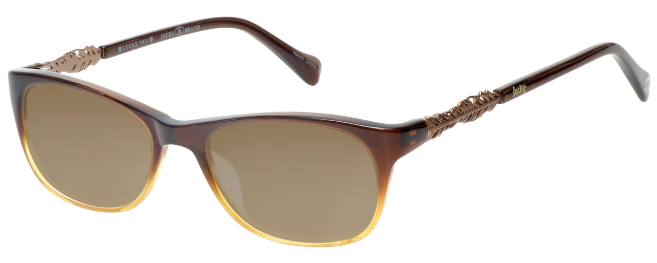 Profile View of Lucky Brand Palm Designer Polarized Sunglasses with Custom Cut Amber Brown Lenses in Brown Crystal Fade Unisex Square Full Rim Acetate 52 mm