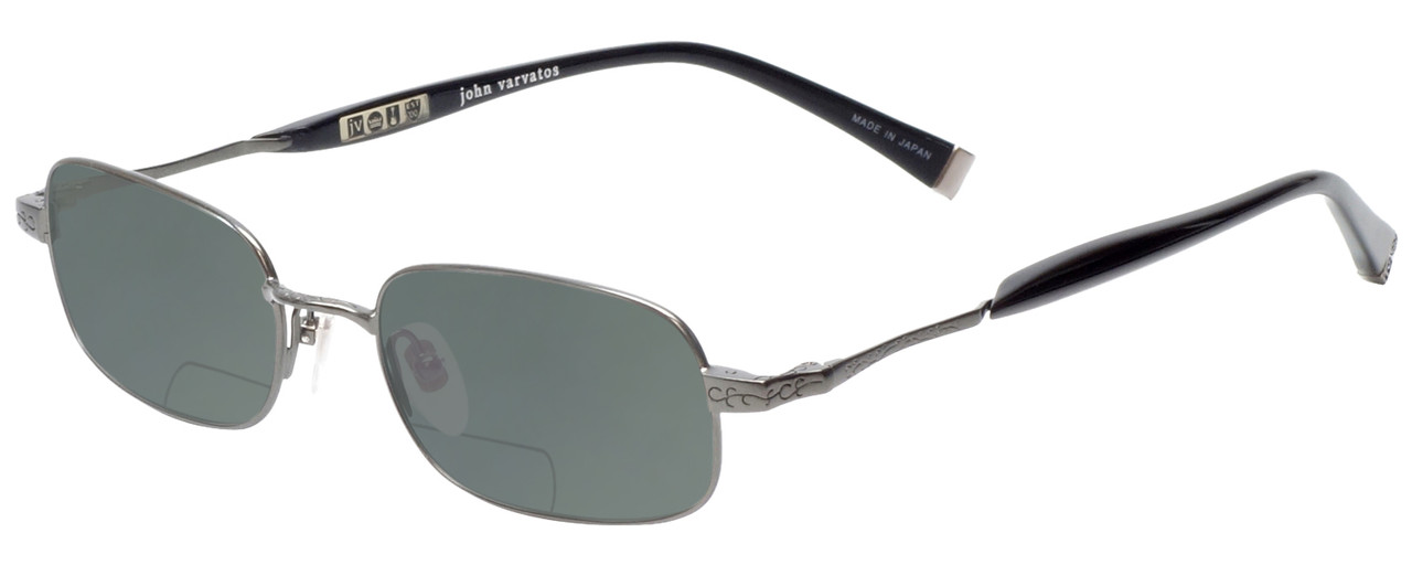 Profile View of John Varvatos V140 Designer Polarized Reading Sunglasses with Custom Cut Powered Smoke Grey Lenses in Gunmetal Black Unisex Classic Full Rim Metal 50 mm