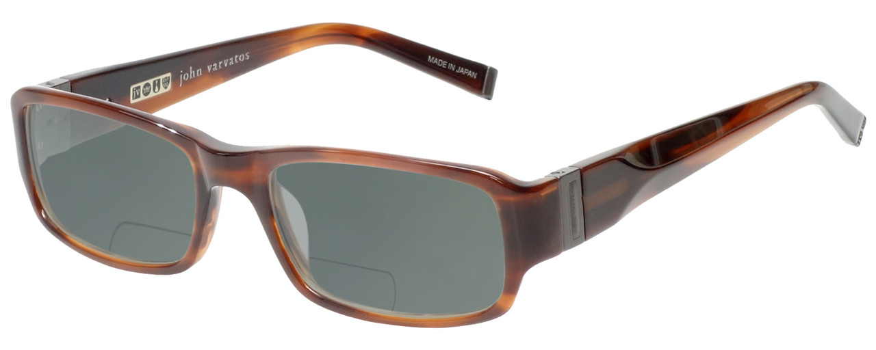 Profile View of John Varvatos V341 Designer Polarized Reading Sunglasses with Custom Cut Powered Smoke Grey Lenses in Brown Horn Crystal Unisex Rectangle Full Rim Acetate 53 mm