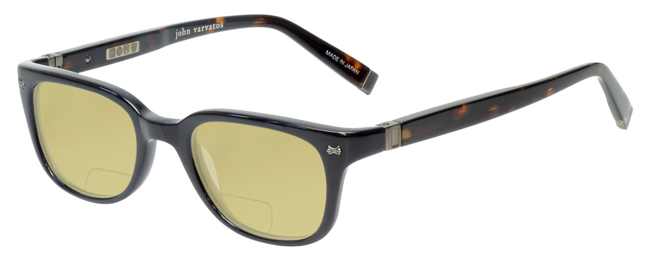 Profile View of John Varvatos V343 Designer Polarized Reading Sunglasses with Custom Cut Powered Sun Flower Yellow Lenses in Gloss Black Unisex Classic Full Rim Acetate 47 mm