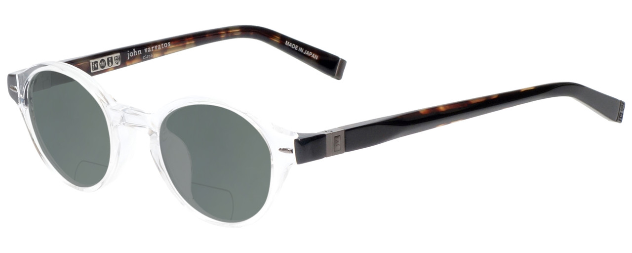 Profile View of John Varvatos V356 Designer Polarized Reading Sunglasses with Custom Cut Powered Smoke Grey Lenses in Crystal Tortoise Unisex Round Full Rim Acetate 43 mm