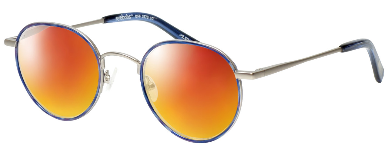 Profile View of Eyebobs BFF 3173-10 Designer Polarized Sunglasses with Custom Cut Red Mirror Lenses in Blue Silver Unisex Oval Full Rim Metal 46 mm