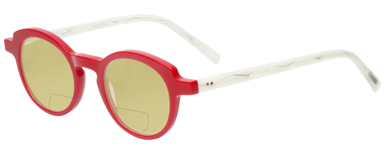 Profile View of Eyebobs Cabaret 2296-01 Designer Polarized Reading Sunglasses with Custom Cut Powered Sun Flower Yellow Lenses in Red White Crystal Marble Ladies Round Full Rim Acetate 40 mm