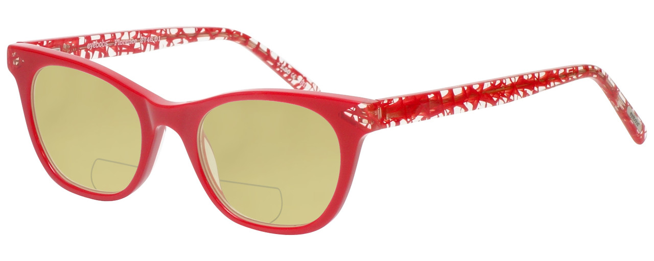 Profile View of Eyebobs Florence 2746-01 Designer Polarized Reading Sunglasses with Custom Cut Powered Sun Flower Yellow Lenses in Red Crystal Ladies Cateye Full Rim Acetate 47 mm