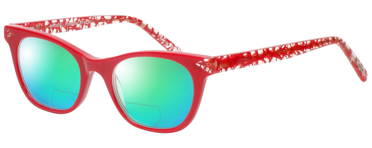 Profile View of Eyebobs Florence 2746-01 Designer Polarized Reading Sunglasses with Custom Cut Powered Green Mirror Lenses in Red Crystal Ladies Cateye Full Rim Acetate 47 mm