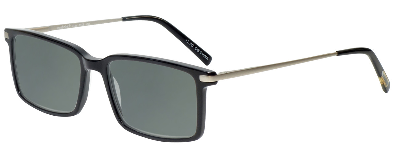 Profile View of Eyebobs Gus 3155-00 Designer Polarized Sunglasses with Custom Cut Smoke Grey Lenses in Black Silver Mens Rectangle Full Rim Acetate 57 mm