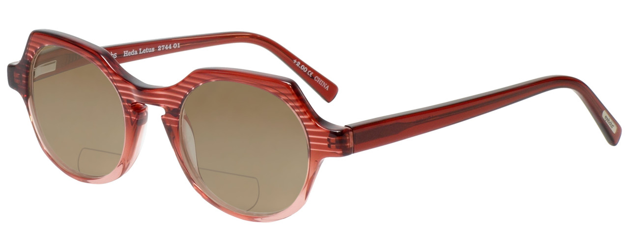 Profile View of Eyebobs Heda Letus 2744-01 Designer Polarized Reading Sunglasses with Custom Cut Powered Amber Brown Lenses in Red Pink Stripe Crystal Ladies Round Full Rim Acetate 47 mm