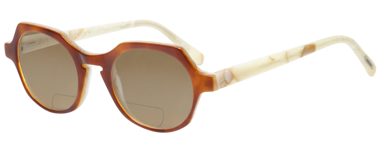 Profile View of Eyebobs Heda Letus 2744-06 Designer Polarized Reading Sunglasses with Custom Cut Powered Amber Brown Lenses in Tortoise Marble White Horn Unisex Round Full Rim Acetate 47 mm