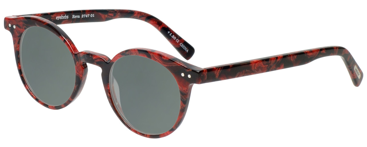 Profile View of Eyebobs Reva 2747-01 Designer Polarized Sunglasses with Custom Cut Smoke Grey Lenses in Red Black Marble Swirl Unisex Cateye Full Rim Acetate 45 mm