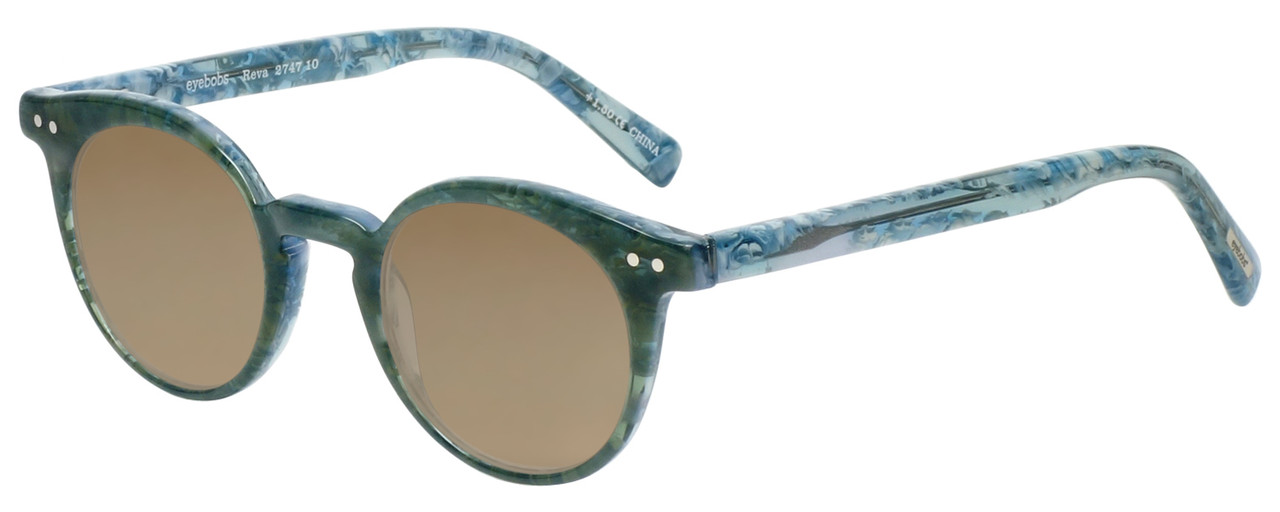 Profile View of Eyebobs Reva 2747-10 Designer Polarized Sunglasses with Custom Cut Amber Brown Lenses in Green Blue Marble Unisex Cateye Full Rim Acetate 45 mm