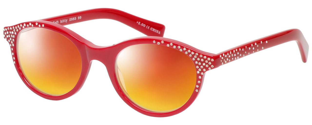 Profile View of Eyebobs Soft Kitty 2885-99 Designer Polarized Sunglasses with Custom Cut Red Mirror Lenses in Red Crystal Rhinestones Ladies Cateye Full Rim Acetate 48 mm