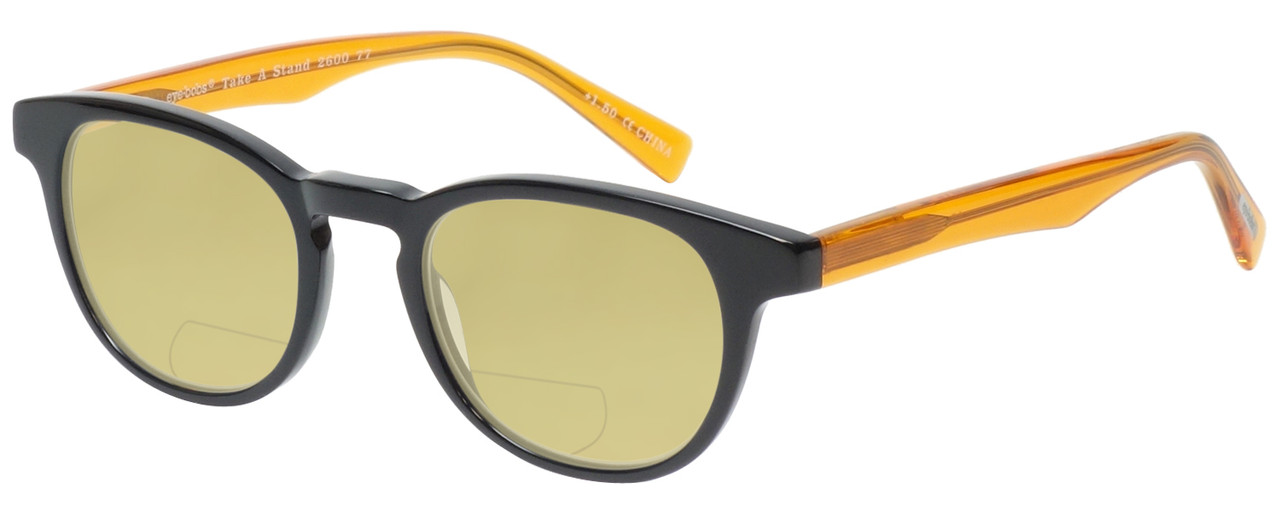 Profile View of Eyebobs Take A Stand 2600-77 Designer Polarized Reading Sunglasses with Custom Cut Powered Sun Flower Yellow Lenses in Black Orange Crystal Unisex Classic Full Rim Acetate 47 mm