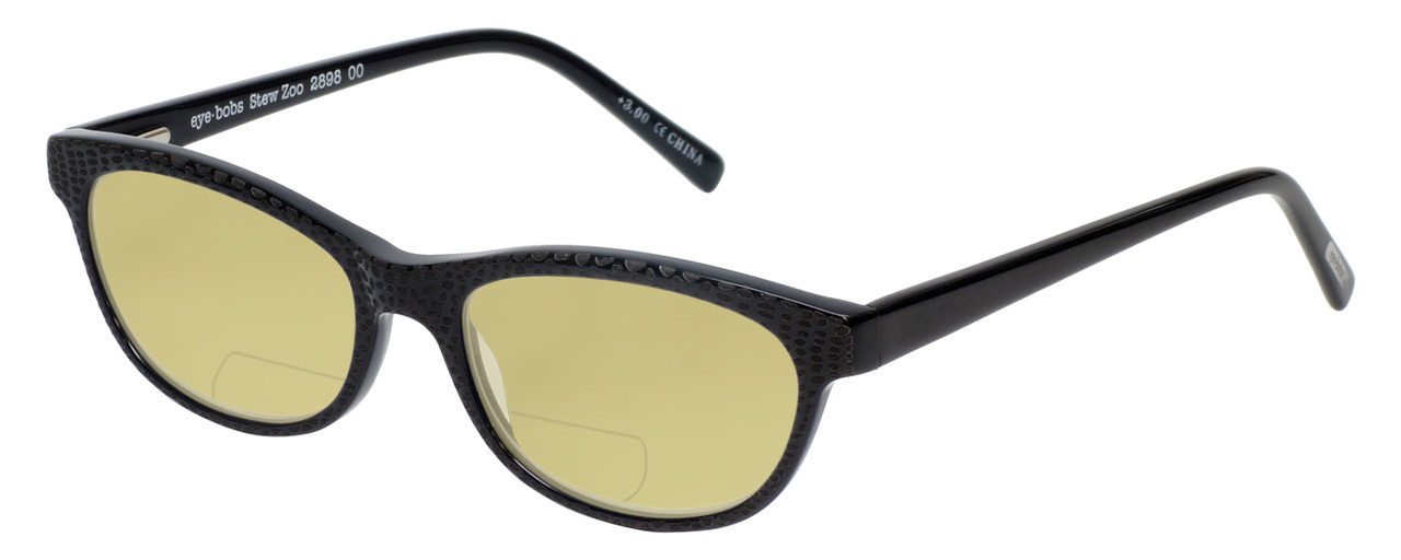 Profile View of Eyebobs Stew Zoo 2898-00 Designer Polarized Reading Sunglasses with Custom Cut Powered Sun Flower Yellow Lenses in Black Snake Skin Ladies Cateye Full Rim Acetate 52 mm