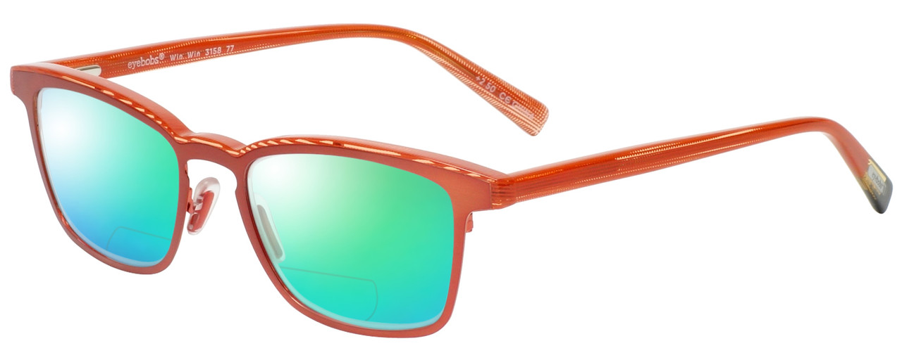 Profile View of Eyebobs Win Win 3158-77 Designer Polarized Reading Sunglasses with Custom Cut Powered Green Mirror Lenses in Orange Red Mesh Unisex Rectangle Full Rim Acetate 51 mm