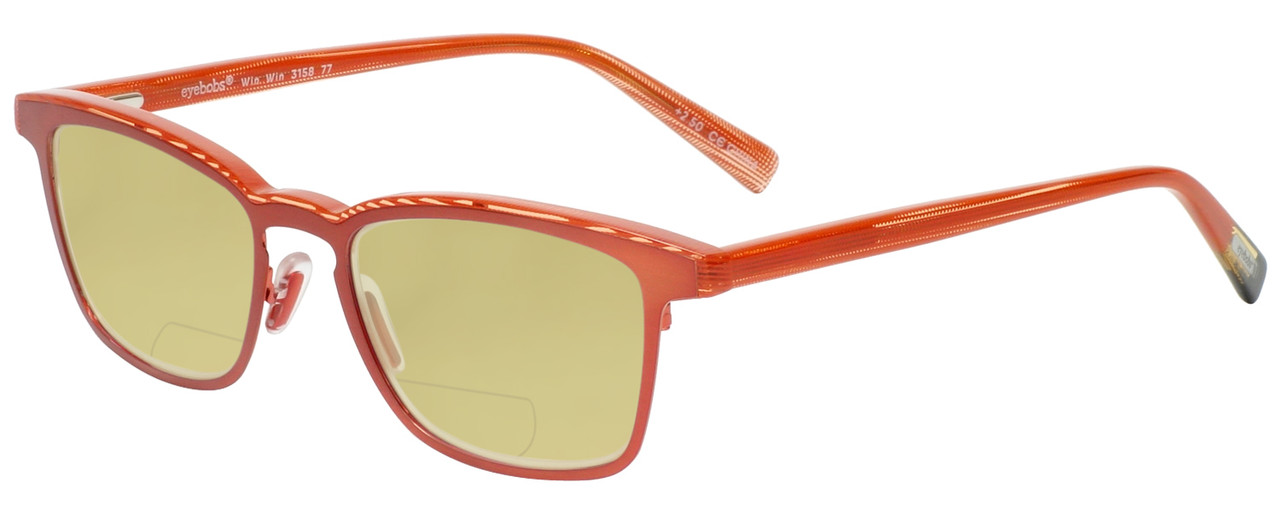 Profile View of Eyebobs Win Win 3158-77 Designer Polarized Reading Sunglasses with Custom Cut Powered Sun Flower Yellow Lenses in Orange Red Mesh Unisex Rectangle Full Rim Acetate 51 mm