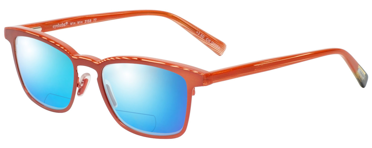 Profile View of Eyebobs Win Win 3158-77 Designer Polarized Reading Sunglasses with Custom Cut Powered Blue Mirror Lenses in Orange Red Mesh Unisex Rectangle Full Rim Acetate 51 mm