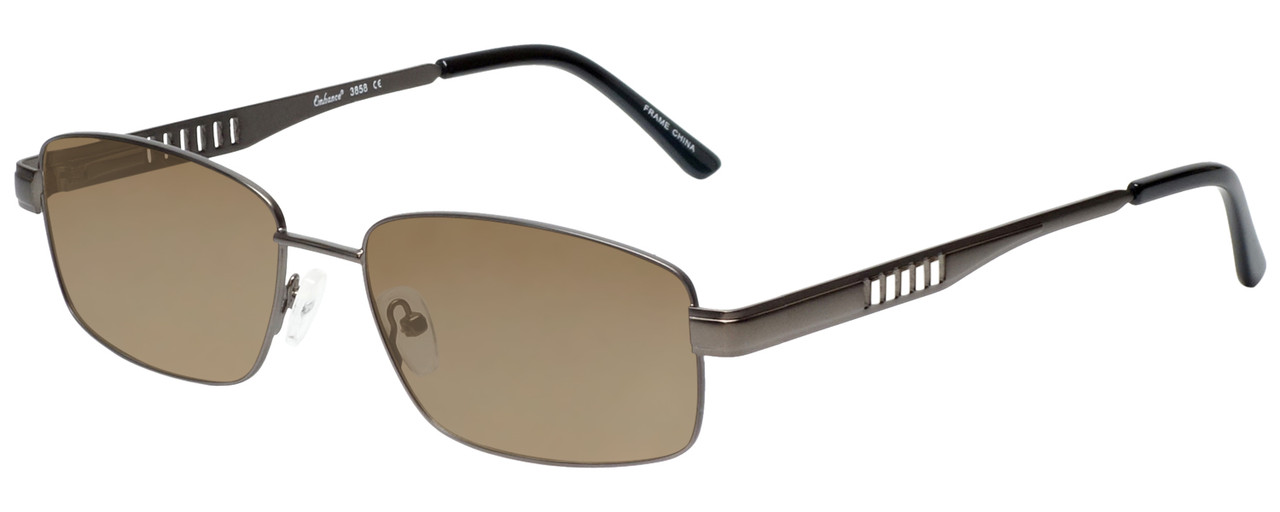 Profile View of Enhance EN3858 Designer Polarized Sunglasses with Custom Cut Amber Brown Lenses in Gunmetal Silver Mens Rectangle Full Rim Metal 59 mm