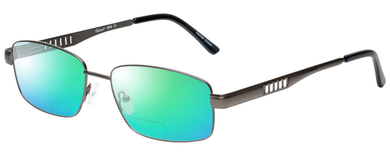 Profile View of Enhance EN3858 Designer Polarized Reading Sunglasses with Custom Cut Powered Green Mirror Lenses in Gunmetal Silver Mens Rectangle Full Rim Metal 59 mm