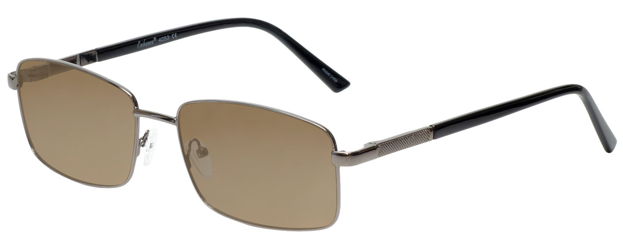 Profile View of Enhance EN4053 Designer Polarized Sunglasses with Custom Cut Amber Brown Lenses in Shiny Gunmetal Silver Mens Rectangle Full Rim Metal 61 mm