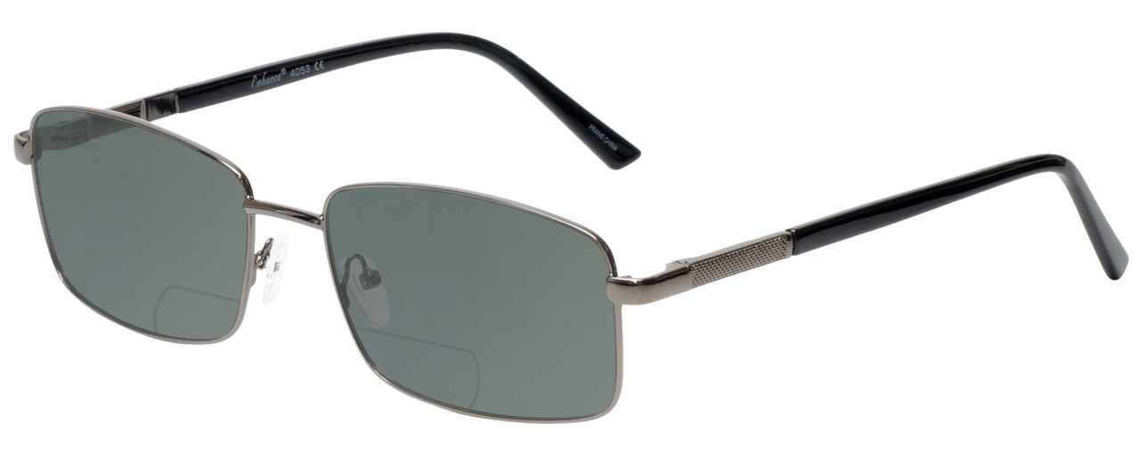 Profile View of Enhance EN4053 Designer Polarized Reading Sunglasses with Custom Cut Powered Smoke Grey Lenses in Shiny Gunmetal Silver Mens Rectangle Full Rim Metal 61 mm