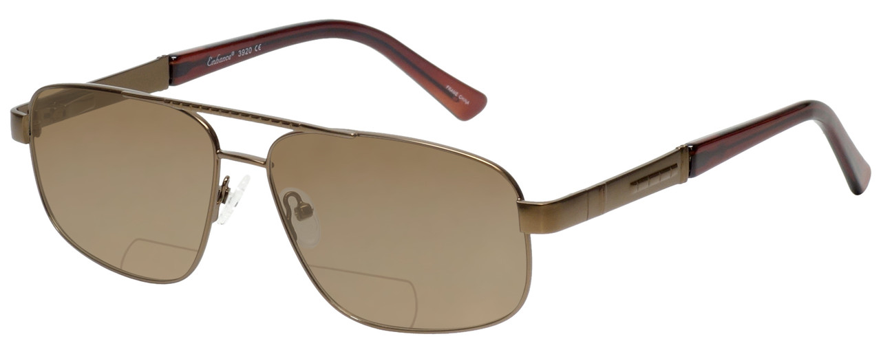 Profile View of Enhance EN4106 Designer Polarized Reading Sunglasses with Custom Cut Powered Amber Brown Lenses in Brown Mens Rectangle Full Rim Metal 63 mm