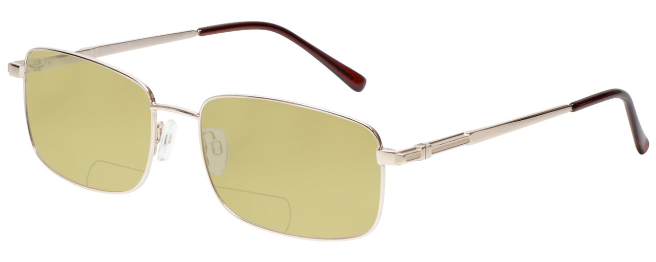 Profile View of Enhance EN4106 Designer Polarized Reading Sunglasses with Custom Cut Powered Sun Flower Yellow Lenses in Gold Mens Rectangle Full Rim Metal 63 mm