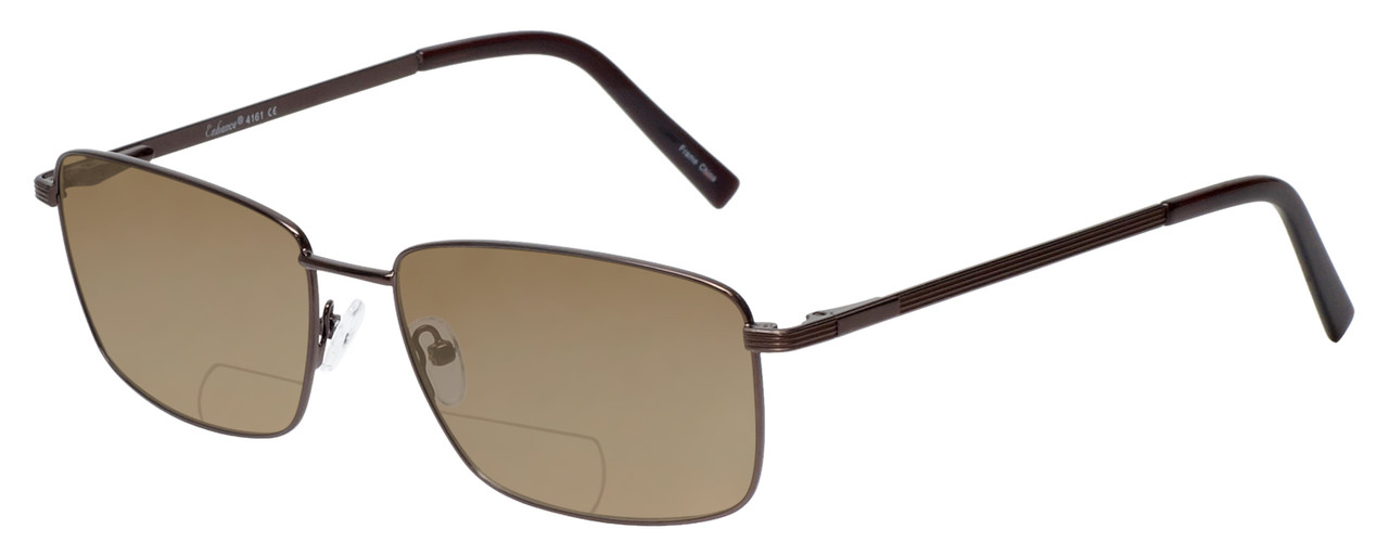 Profile View of Enhance EN4161 Designer Polarized Reading Sunglasses with Custom Cut Powered Amber Brown Lenses in Brown Mens Rectangle Full Rim Metal 60 mm