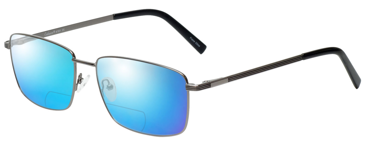 Profile View of Enhance EN4161 Designer Polarized Reading Sunglasses with Custom Cut Powered Blue Mirror Lenses in Gunmetal Black Mens Rectangle Full Rim Metal 60 mm