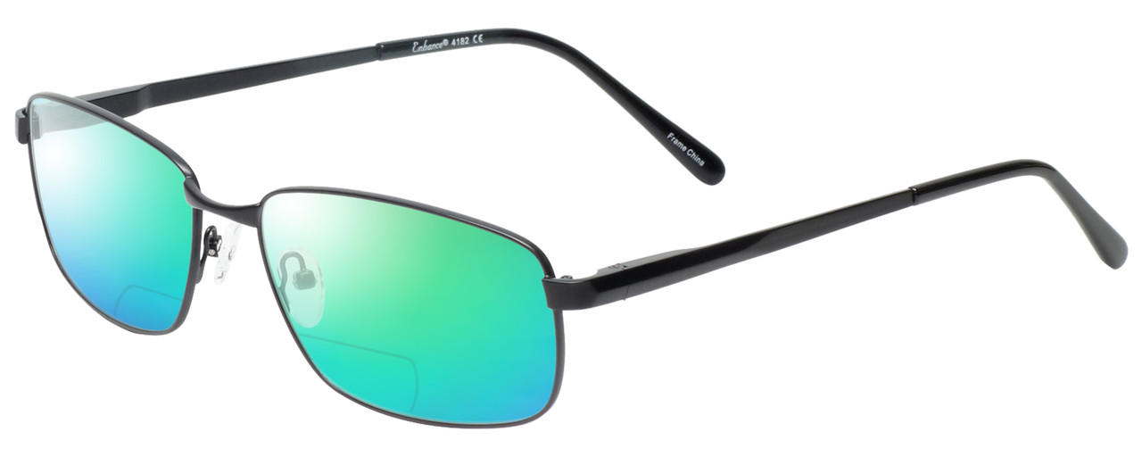 Profile View of Enhance EN4182 Designer Polarized Reading Sunglasses with Custom Cut Powered Green Mirror Lenses in Satin Black Mens Rectangle Full Rim Metal 60 mm