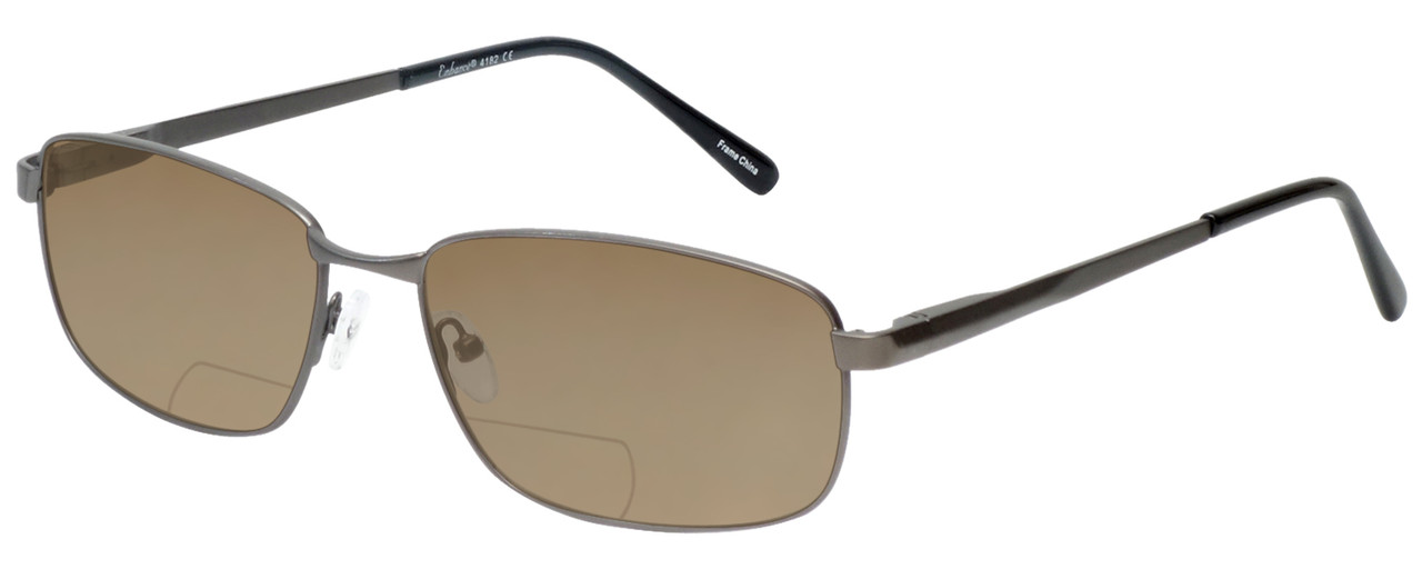 Profile View of Enhance EN4182 Designer Polarized Reading Sunglasses with Custom Cut Powered Amber Brown Lenses in Satin Gunmetal Black Mens Rectangle Full Rim Metal 60 mm