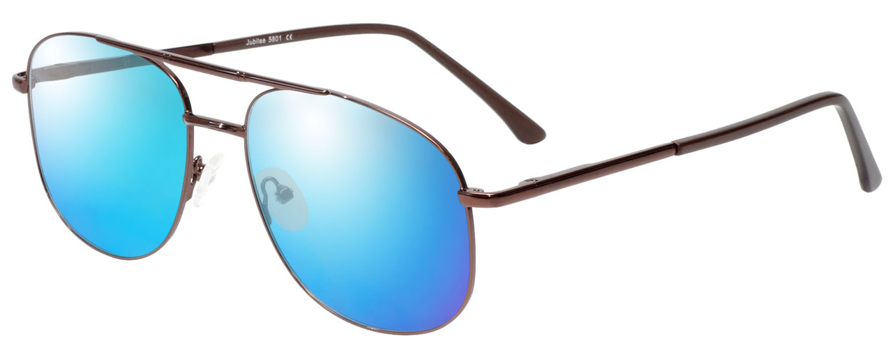 Profile View of Jubilee J5801 Designer Polarized Sunglasses with Custom Cut Blue Mirror Lenses in Brown Mens Pilot Full Rim Metal 58 mm