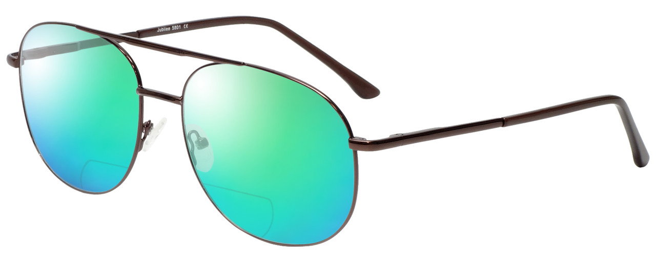 Profile View of Jubilee J5801 Designer Polarized Reading Sunglasses with Custom Cut Powered Green Mirror Lenses in Brown Mens Pilot Full Rim Metal 62 mm