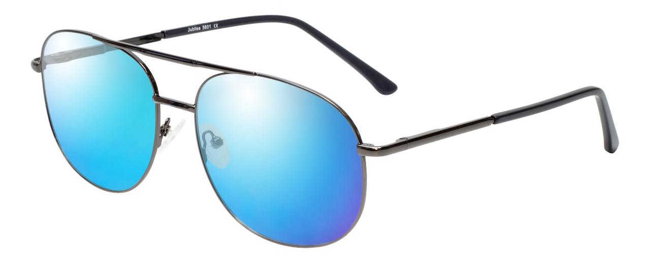 Profile View of Jubilee J5801 Designer Polarized Sunglasses with Custom Cut Blue Mirror Lenses in Gunmetal Black Mens Aviator Full Rim Metal 62 mm