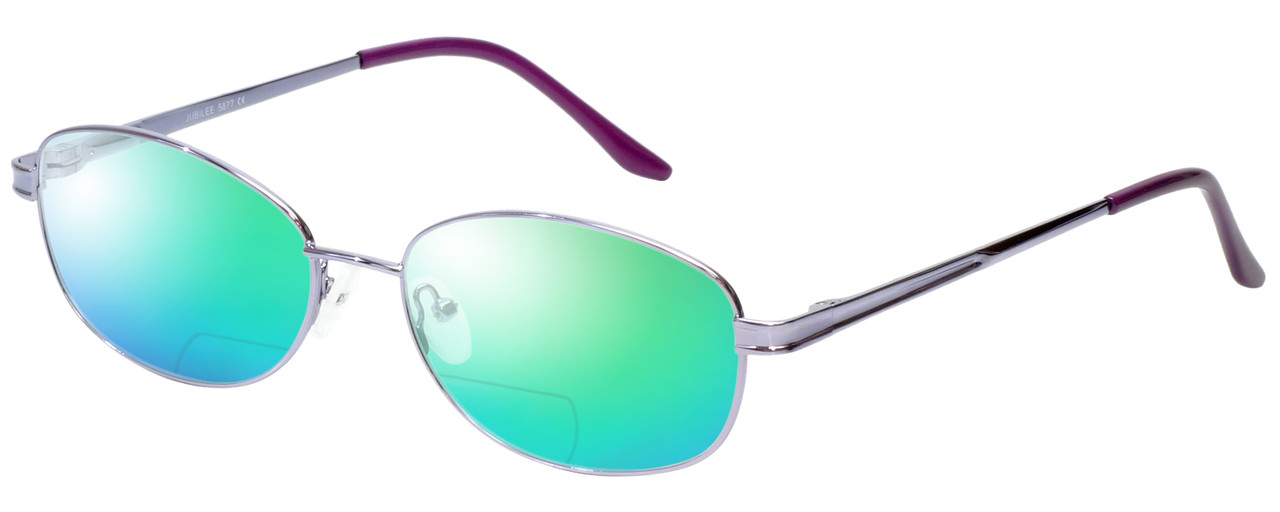 Profile View of Jubilee J5877 Designer Polarized Reading Sunglasses with Custom Cut Powered Green Mirror Lenses in Purple Mens Oval Full Rim Metal 59 mm