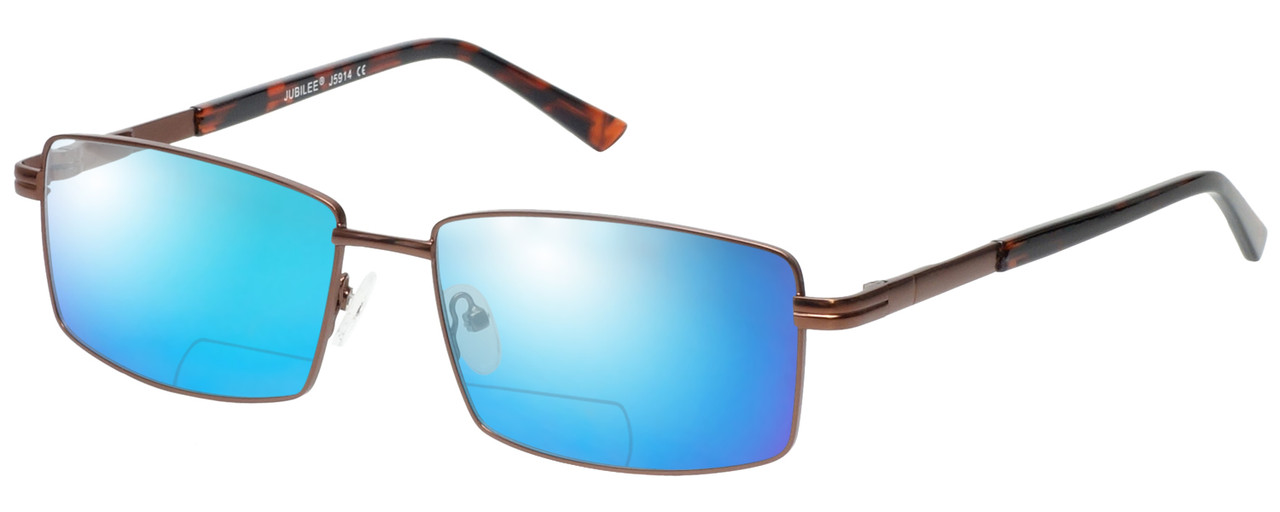 Profile View of Jubilee J5914 Designer Polarized Reading Sunglasses with Custom Cut Powered Blue Mirror Lenses in Matte Brown Mens Rectangle Full Rim Metal 60 mm