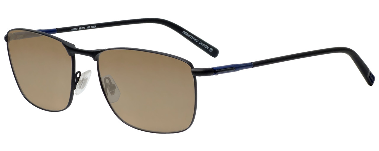 Profile View of OGA 10063O-NB04 Designer Polarized Sunglasses with Custom Cut Amber Brown Lenses in Satin Black Blue Unisex Rectangle Full Rim Metal 59 mm