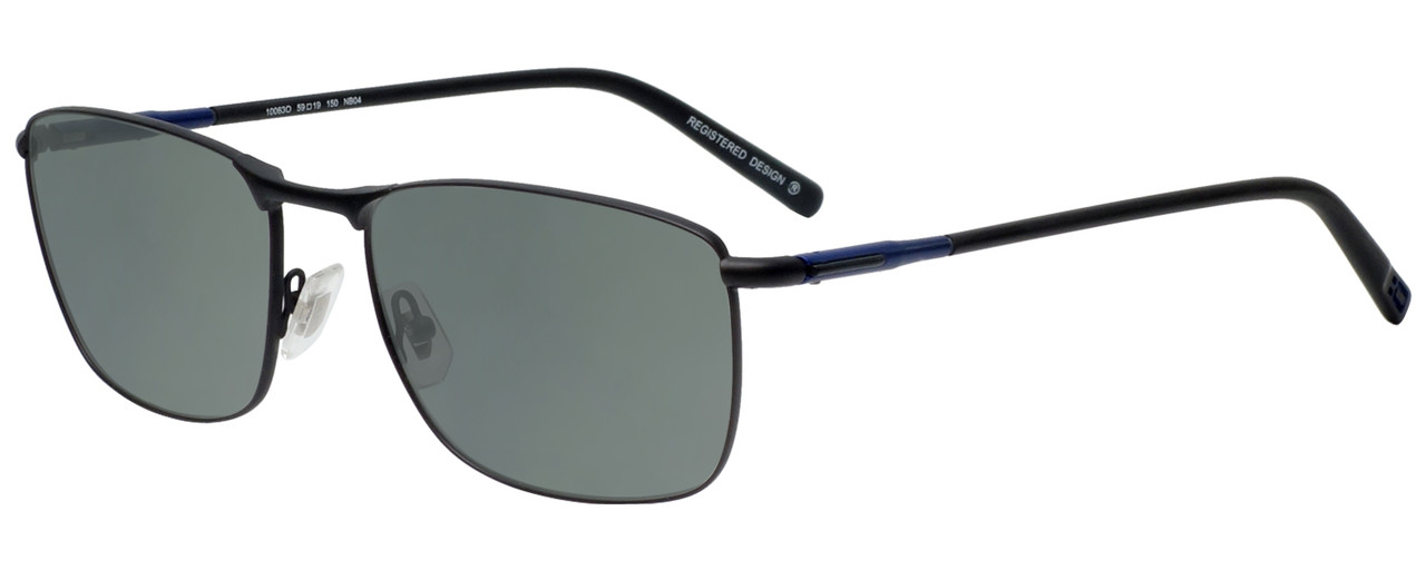 Profile View of OGA 10063O-NB04 Designer Polarized Sunglasses with Custom Cut Smoke Grey Lenses in Satin Black Blue Unisex Rectangle Full Rim Metal 59 mm