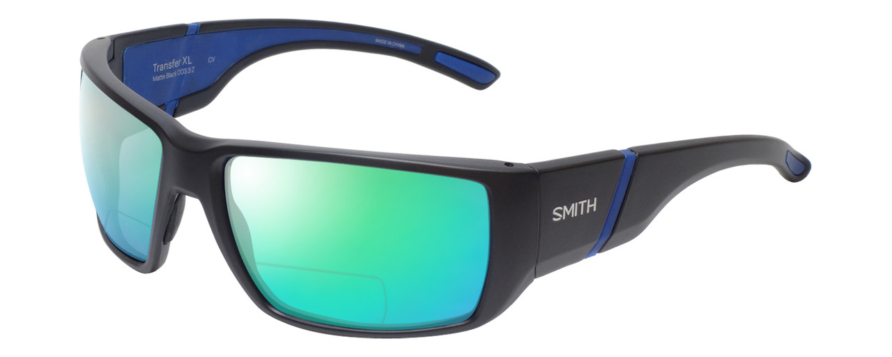 Profile View of Smith Optics Transfer XL Designer Polarized Reading Sunglasses with Custom Cut Powered Green Mirror Lenses in Matte Black Unisex Sport Full Rim Acetate 67 mm