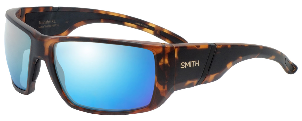 Profile View of Smith Optics Transfer XL Designer Polarized Sunglasses with Custom Cut Blue Mirror Lenses in Matte Tortoise Brown Gold Unisex Sport Full Rim Acetate 67 mm