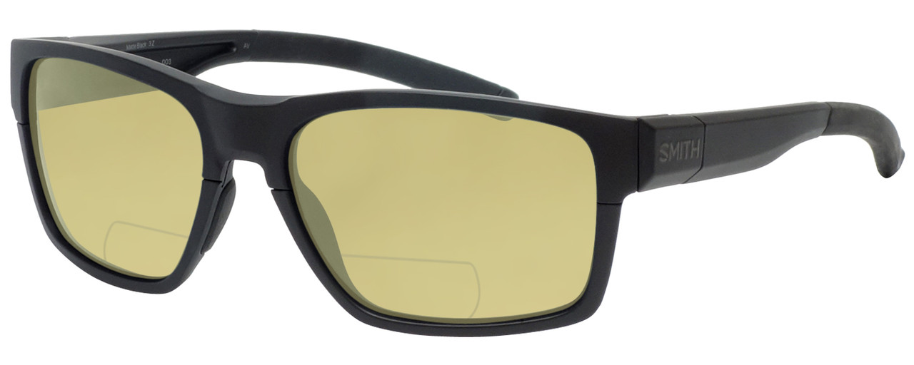 Profile View of Smith Optics Caravan MAG Designer Polarized Reading Sunglasses with Custom Cut Powered Sun Flower Yellow Lenses in Matte Black Unisex Square Full Rim Acetate 59 mm