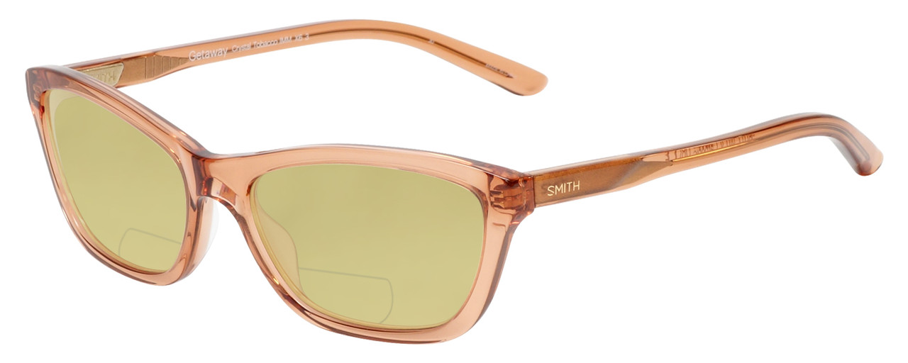 Profile View of Smith Optics Getaway Designer Polarized Reading Sunglasses with Custom Cut Powered Sun Flower Yellow Lenses in Crystal Tobacco Brown Unisex Cateye Full Rim Acetate 56 mm