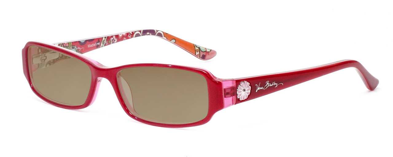 Profile View of Vera Bradley Madeline Designer Polarized Sunglasses with Custom Cut Amber Brown Lenses in Red Pink Swirl Ladies Rectangle Full Rim Acetate 50 mm